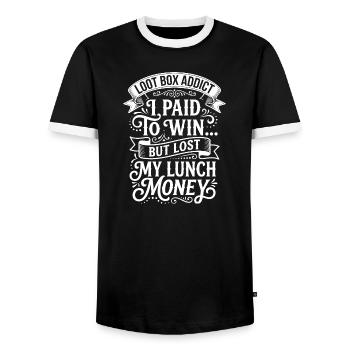 Lootbox addiction: Lost lunch money - Men's Ringer Shirt - black/white - Front - AI Model Female 172 light (172cm) & AI Model Male 178 light (178cm)