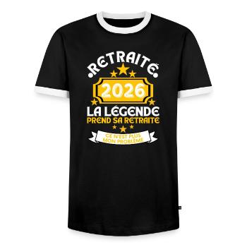 Retired 2026 Men's Legend Retires - Men's Ringer Shirt - black/white - Front - AI Model Female 172 light (172cm) & AI Model Male 178 light (178cm)
