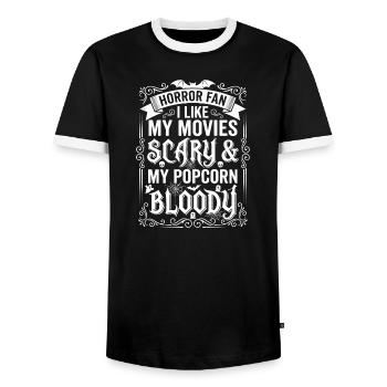 Horror Fan: Movies, Blood, Popcorn - Men's Ringer Shirt - black/white - Front - AI Model Female 172 light (172cm) & AI Model Male 178 light (178cm)