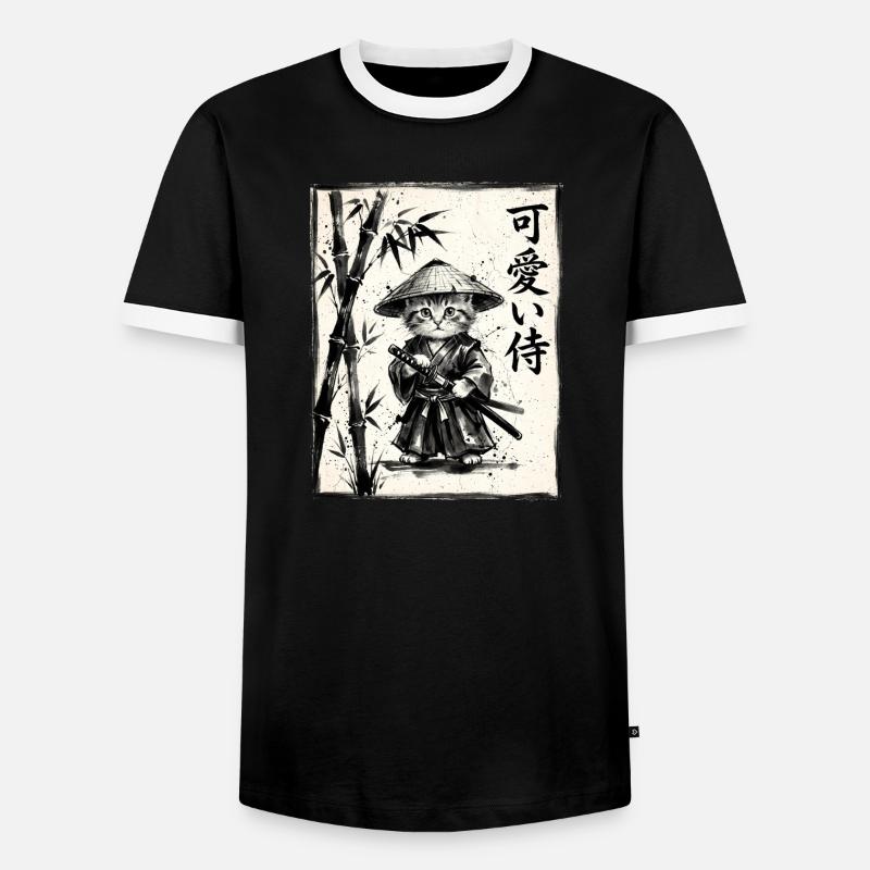 Samurai Cat Sumi-e Ink Drawing - Men's Ringer Shirt - black/white