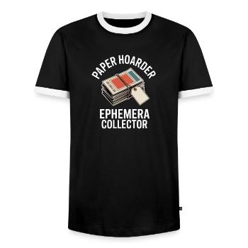 Paper Hoarder Ephemera Collector - Men's Ringer Shirt - black/white - Front - AI Model Female 172 light (172cm) & AI Model Male 178 light (178cm)