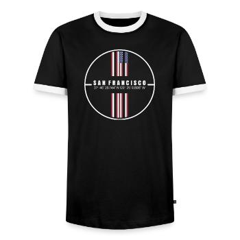 San Francisco Coordinates - Men's Ringer Shirt - black/white - Front - AI Model Female 172 light (172cm) & AI Model Male 178 light (178cm)