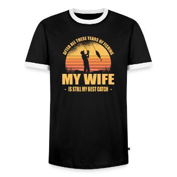 Funny Fisherman Gift Wife & Fishing Outfit - Men's Ringer Shirt - black/white - Front - AI Model Female 172 light (172cm) & AI Model Male 178 light (178cm)