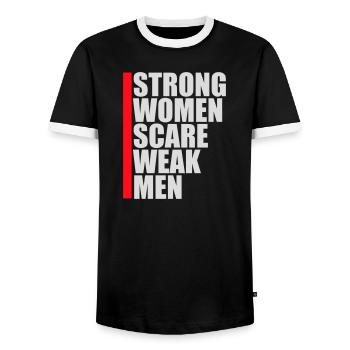 Strong Women Scare Weak Men Confident Feminist - Men's Ringer Shirt - black/white - Front - AI Model Female 172 light (172cm) & AI Model Male 178 light (178cm)