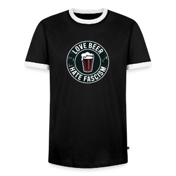 Love Beer, hate Fascism - Antifascist Merch - Men's Ringer Shirt - black/white - Front - AI Model Female 172 light (172cm) & AI Model Male 178 light (178cm)