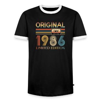40 Year Anniversary Original 1986 Party Gift - Men's Ringer Shirt - black/white - Front - AI Model Female 172 light (172cm) & AI Model Male 178 light (178cm)