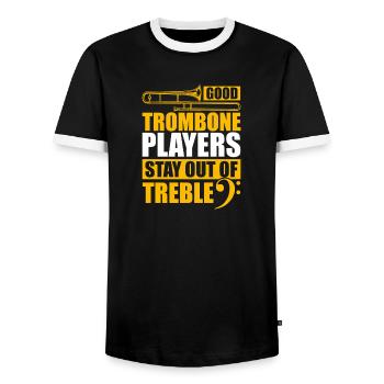 Out of treble trombone trombone player trombonist - Men's Ringer Shirt - black/white - Front - AI Model Female 172 light (172cm) & AI Model Male 178 light (178cm)