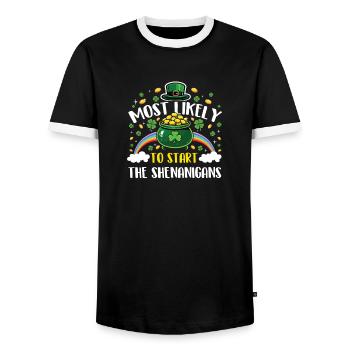 Most Likely To Start The Shenanigans - Men's Ringer Shirt - black/white - Front - AI Model Female 172 light (172cm) & AI Model Male 178 light (178cm)