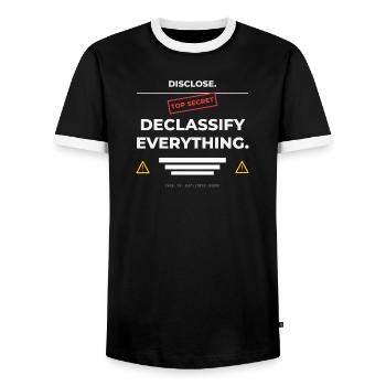 DISCLOSE. Declassify Everything – UAP  - Männer Kontrast-T-Shirt - Schwarz/Weiß - Vorne - AI Model Female 172 light (172cm) & AI Model Male 178 light (178cm)