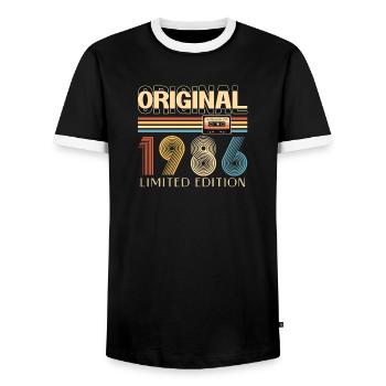 40 Year Anniversary Original 1986 Party Gift - Men's Ringer Shirt - black/white - Front - AI Model Female 172 light (172cm) & AI Model Male 178 light (178cm)
