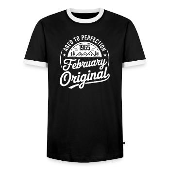 Februar 1965 – Legende der Gipfel und Berge - Männer Kontrast-T-Shirt - Schwarz/Weiß - Vorne - AI Model Female 172 light (172cm) & AI Model Male 178 light (178cm)
