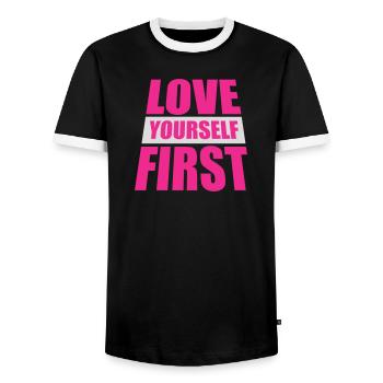 Love Yourself First Self-Love Self-Care - Men's Ringer Shirt - black/white - Front - AI Model Female 172 light (172cm) & AI Model Male 178 light (178cm)