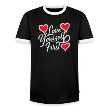 Love Yourself First Self-Love Self-Care - Men's Ringer Shirt - black/white - Front - AI Model Female 172 light (172cm) & AI Model Male 178 light (178cm)