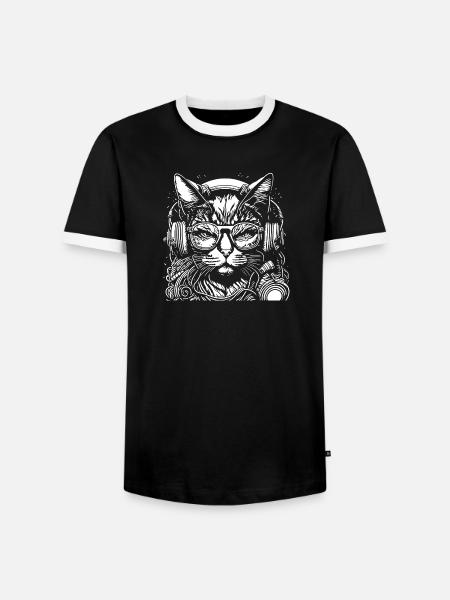 Katzen-DJ mit Kopfhörern und Brille - Männer Kontrast-T-Shirt - Schwarz/Weiß