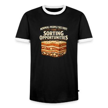 Dirt? No, sorting chance | Geology Humor - Men's Ringer Shirt - black/white - Front - AI Model Female 172 light (172cm) & AI Model Male 178 light (178cm)