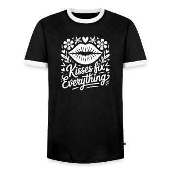 Kussmotiv mit Blumenrahmen - Männer Kontrast-T-Shirt - Schwarz/Weiß - Vorne - AI Model Female 172 light (172cm) & AI Model Male 178 light (178cm)