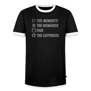 Mindfulness, Moments, Memories, Happiness - Men's Ringer Shirt - black/white - Front - AI Model Female 172 light (172cm) & AI Model Male 178 light (178cm)