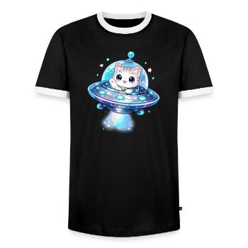 Kawaii Katzen UFO Weltraumfreund - Männer Kontrast-T-Shirt - Schwarz/Weiß - Vorne - AI Model Female 172 light (172cm) & AI Model Male 178 light (178cm)