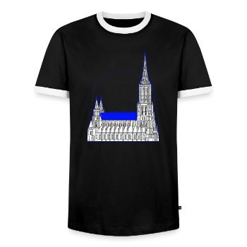 Ulm Motiv 4 Münster Line Art – Minimal Skyline - Männer Kontrast-T-Shirt - Schwarz/Weiß - Vorne - AI Model Female 172 light (172cm) & AI Model Male 178 light (178cm)