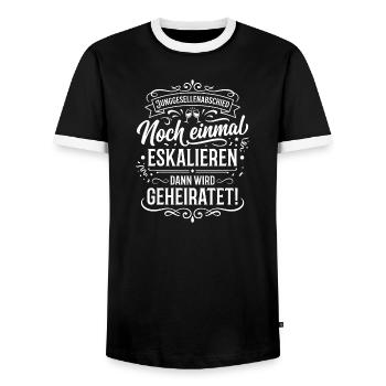 Noch einmal eskalieren – Heiratswitz - Männer Kontrast-T-Shirt - Schwarz/Weiß - Vorne - AI Model Female 172 light (172cm) & AI Model Male 178 light (178cm)