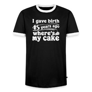 Birthday 45 years ago – cake? - Men's Ringer Shirt - black/white - Front - AI Model Female 172 light (172cm) & AI Model Male 178 light (178cm)