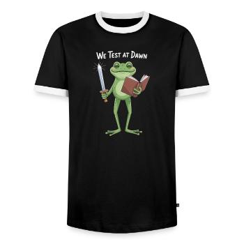 We Test at Dawn Frog Knight - Men's Ringer Shirt - black/white - Front - AI Model Female 172 light (172cm) & AI Model Male 178 light (178cm)