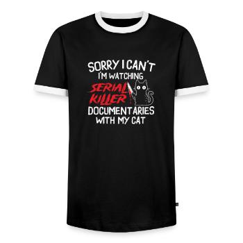 Regarder des documentaires sur les tueurs en série avec Cat - T-shirt contrasté Homme - noir/blanc - Devant - AI Model Female 172 light (172cm) & AI Model Male 178 light (178cm)
