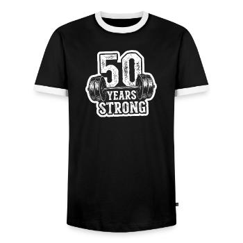 Bodybuilding 50 Birthday Gym Men Fitness - Men's Ringer Shirt - black/white - Front - AI Model Female 172 light (172cm) & AI Model Male 178 light (178cm)