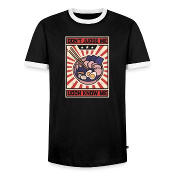 Ne me juge pas, les udon me connaissent - T-shirt contrasté Homme - noir/blanc - Devant - AI Model Female 172 light (172cm) & AI Model Male 178 light (178cm)