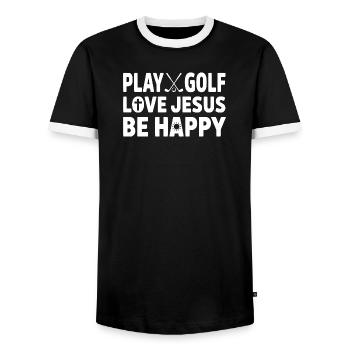Play Golf Love Jesus Be Happy Christian Golfer - Men's Ringer Shirt - black/white - Front - AI Model Female 172 light (172cm) & AI Model Male 178 light (178cm)