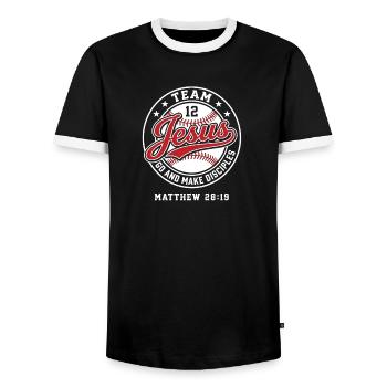 Team Jesus Make Disciples Matthew 28:19 - Men's Ringer Shirt - black/white - Front - AI Model Female 172 light (172cm) & AI Model Male 178 light (178cm)