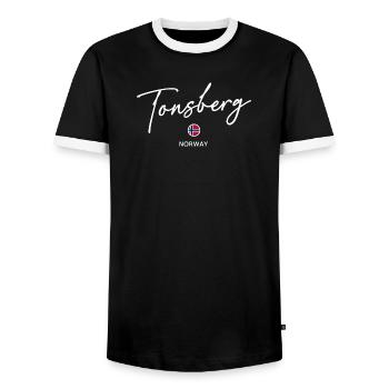 Tonsberg - Norway Flag - Norge - Norwegen - Men's Ringer Shirt - black/white - Front - AI Model Female 172 light (172cm) & AI Model Male 178 light (178cm)