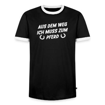 Out of the way, I have to go to the horse - Men's Ringer Shirt - black/white - Front - AI Model Female 172 light (172cm) & AI Model Male 178 light (178cm)
