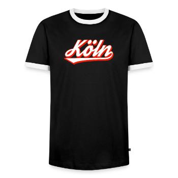 Cologne lettering design with red contour - Men's Ringer Shirt - black/white - Front - AI Model Female 172 light (172cm) & AI Model Male 178 light (178cm)