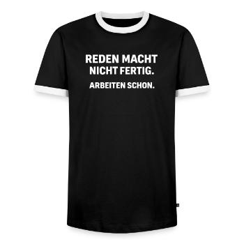Reden macht nicht fertig – Arbeiten schon Handwerk - Männer Kontrast-T-Shirt - Schwarz/Weiß - Vorne - AI Model Female 172 light (172cm) & AI Model Male 178 light (178cm)
