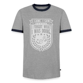 I came saw forget - Men's Ringer Shirt - grey/navy  - Front - AI Model Female 172 light (172cm) & AI Model Male 178 light (178cm)