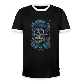 Squelette Crâne avec chapeau et fleurs Bande dessinée cool - T-shirt contrasté Homme - noir/blanc - Devant - AI Model Female 172 light (172cm) & AI Model Male 178 light (178cm)