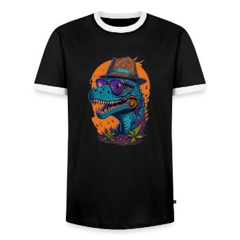 Dinosaur with hat and glasses Funny Fashionable - Men's Ringer Shirt - black/white - Front - AI Model Female 172 light (172cm) & AI Model Male 178 light (178cm)