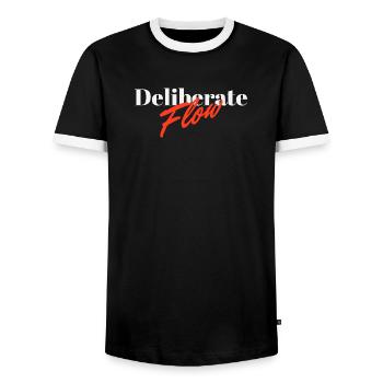 Deliberate Flow Minimal Typography Design - Men's Ringer Shirt - black/white - Front - AI Model Female 172 light (172cm) & AI Model Male 178 light (178cm)