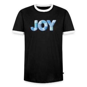 Blue Patchwork Joy Lettering - Men's Ringer Shirt - black/white - Front - AI Model Female 172 light (172cm) & AI Model Male 178 light (178cm)