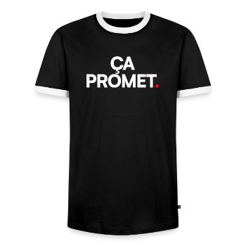 ES IST VIELVERSPRECHEND | Minimalistischer humoristischer Ausdruck - Männer Kontrast-T-Shirt - Schwarz/Weiß - Vorne - AI Model Female 172 light (172cm) & AI Model Male 178 light (178cm)