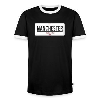 Manchester town sign - Men's Ringer Shirt - black/white - Front - AI Model Female 172 light (172cm) & AI Model Male 178 light (178cm)