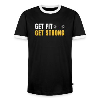 Get Fit Get Strong - Fitness Gift with Dumbbells - Men's Ringer Shirt - black/white - Front - AI Model Female 172 light (172cm) & AI Model Male 178 light (178cm)