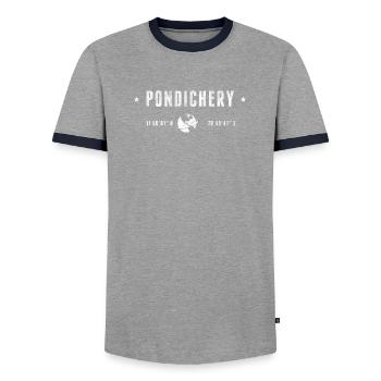 PONDICHERRY Stilisierte geografische Koordinaten - Männer Kontrast-T-Shirt - Grau/Navy  - Vorne - AI Model Female 172 light (172cm) & AI Model Male 178 light (178cm)