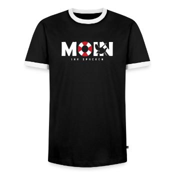 Lustiger Spruch " Moin Ihr Spacken " - Männer Kontrast-T-Shirt - Schwarz/Weiß - Vorne - AI Model Female 172 light (172cm) & AI Model Male 178 light (178cm)