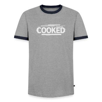 Cooked - Self-Ironic Font - Men's Ringer Shirt - grey/navy  - Front - AI Model Female 172 light (172cm) & AI Model Male 178 light (178cm)