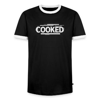 Cooked - Self-Ironic Font - Men's Ringer Shirt - black/white - Front - AI Model Female 172 light (172cm) & AI Model Male 178 light (178cm)