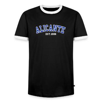 Alicante Est. 2006 - Men's Ringer Shirt - black/white - Front - AI Model Female 172 light (172cm) & AI Model Male 178 light (178cm)
