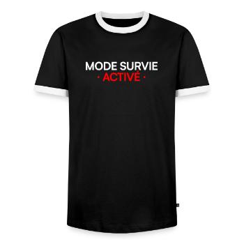 MODE SURVIE ACTIVÉ – Lundi humour travail - T-shirt contrasté Homme - noir/blanc - Devant - AI Model Female 172 light (172cm) & AI Model Male 178 light (178cm)