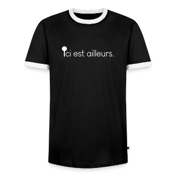 Ici est ailleurs – Citation poétique à imprimer - T-shirt contrasté Homme - noir/blanc - Devant - AI Model Female 172 light (172cm) & AI Model Male 178 light (178cm)